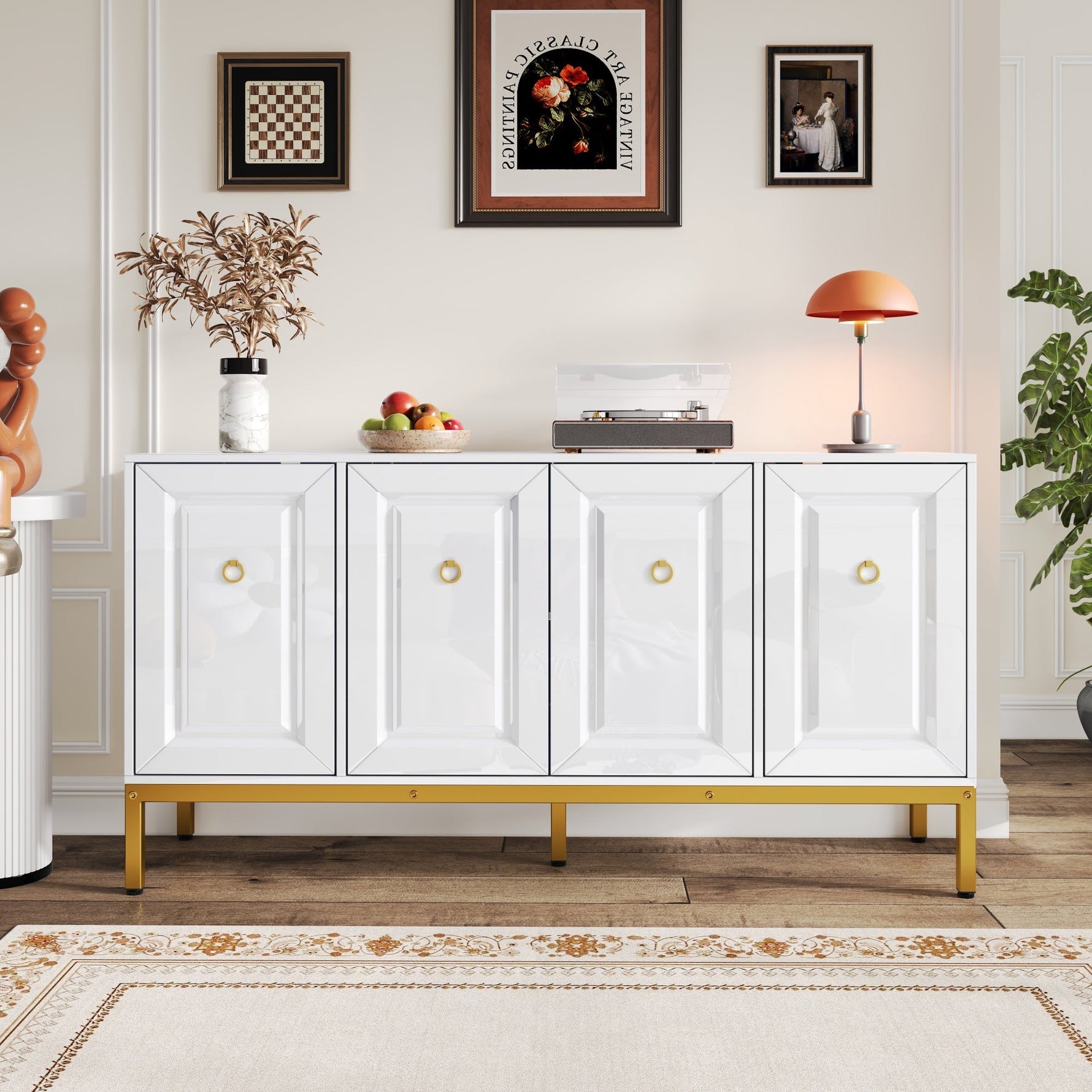 Sideboard, High-Gloss Storage Unit with Shelves, Gold Handles and Legs, White