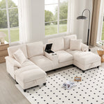 U-shaped Sofa 4-Seater with Storage USB Ports Cup Holders Oversized Corduroy