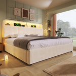 Upholstered Double Bed with Storage Headboard, Hydraulic Lift, LED and USB Charging, 180x200cm, Beige Velvet