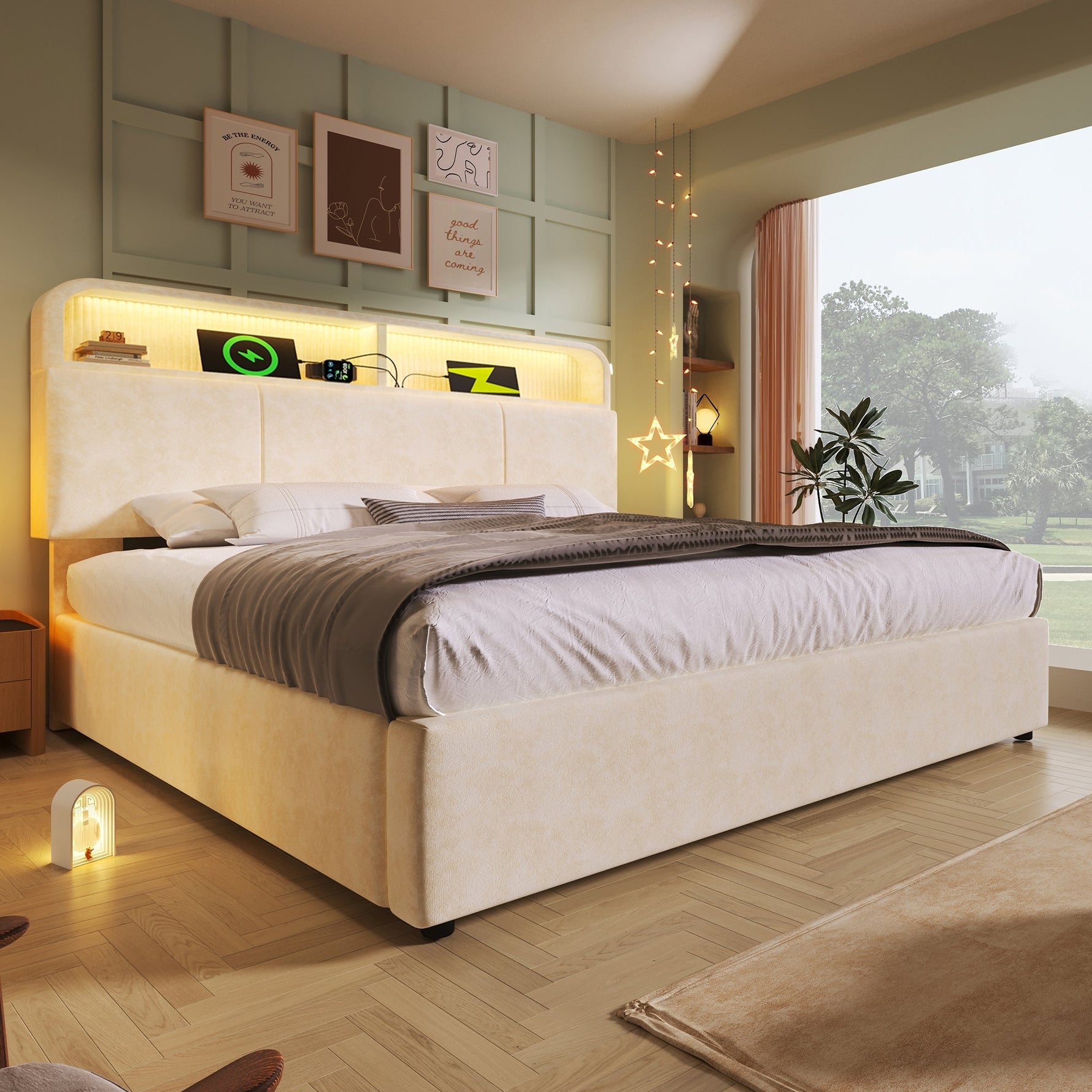 Upholstered Double Bed with Storage Headboard, Hydraulic Lift, LED and USB Charging, 180x200cm, Beige Velvet