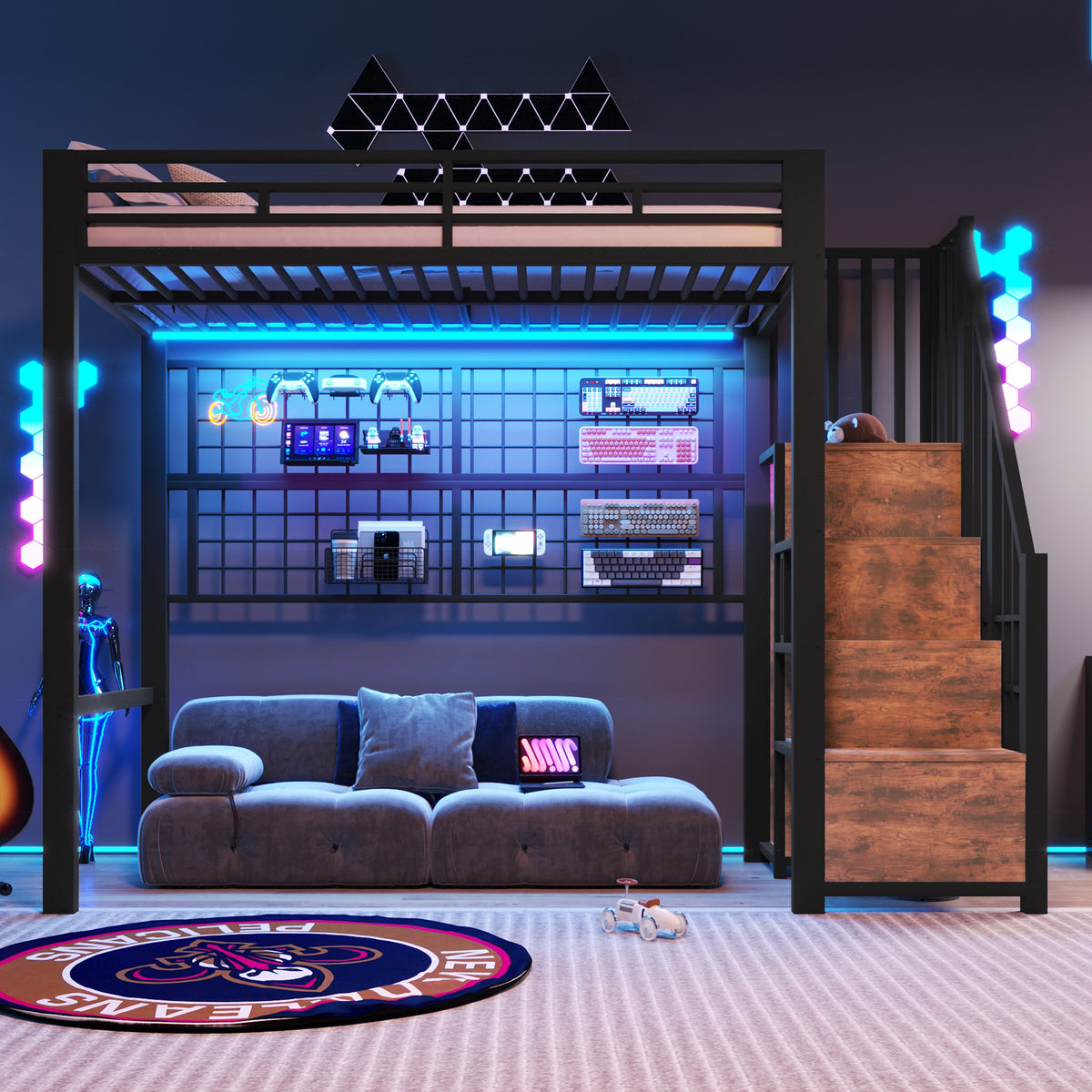 Loft Bed 90x200cm with Wardrobe & LED Lights, Black Iron Frame