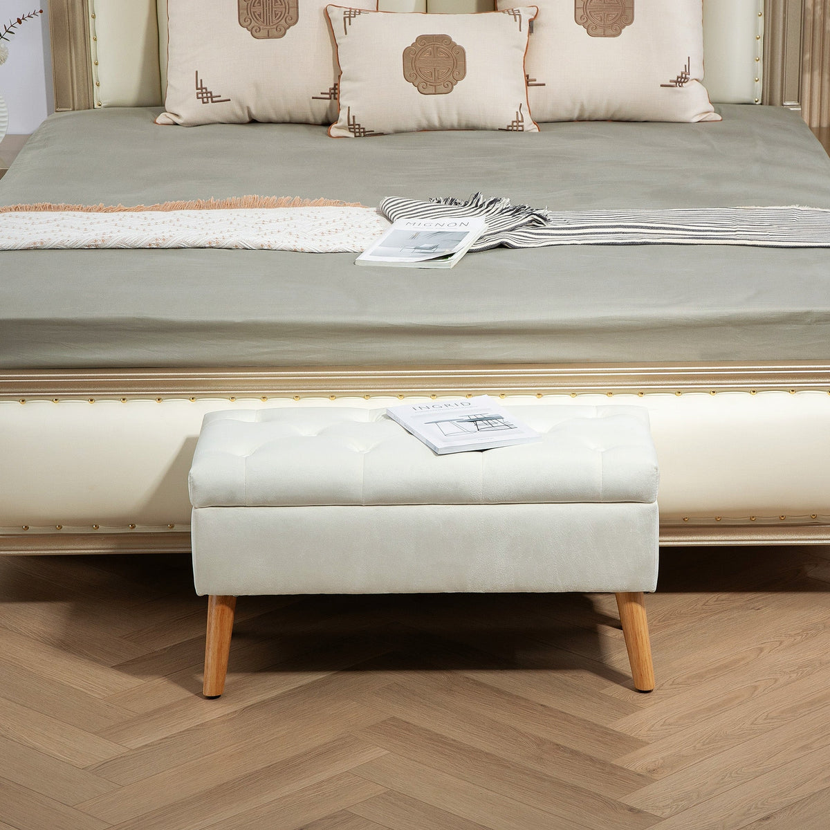 Bench with Storage, Upholstered Lid, Rubberwood White