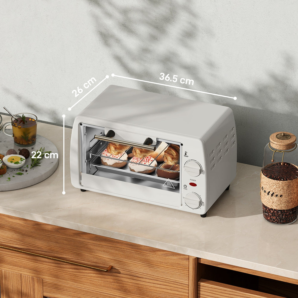 Mini Oven 10L 750W 230℃ Temp 60 Min Timer, Cream White