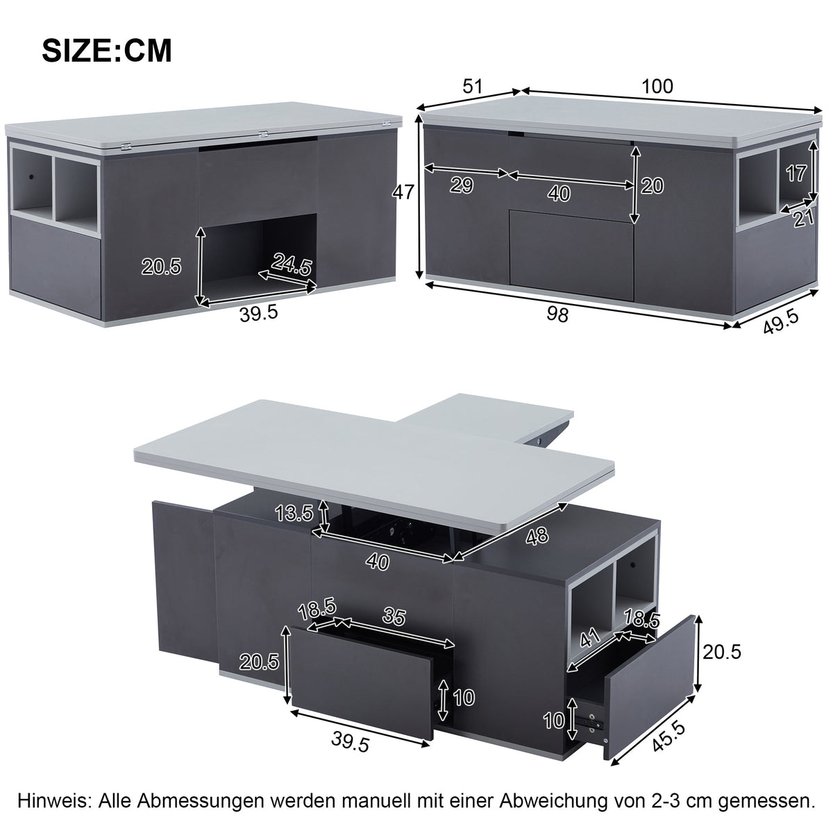 Liftable Multifunctional Coffee Table Opens to 2 Tables Large Capacity - Dark Grey/Light Grey