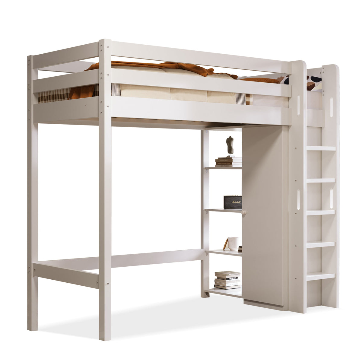 Children's Loft Bed, 90x200 cm Single with Wardrobe & 6 Shelves, White