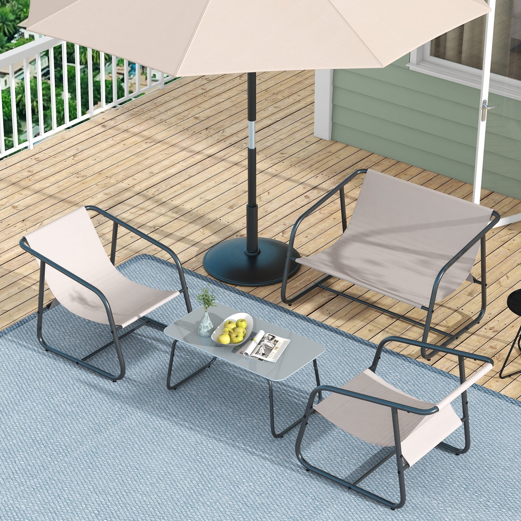 Garden Furniture Set 4-Piece, 2 Armchairs, 1 Two-Seater, Tempered Glass Coffee Table, Cream