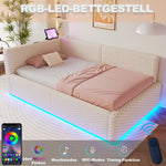 Upholstered Bed 90x200cm with LED Lighting, USB Ports and Hydraulic Storage, Beige Velvet