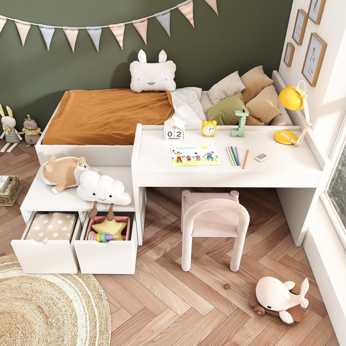 Children's Bed, Solid Wood Single with Desk & Drawers, White