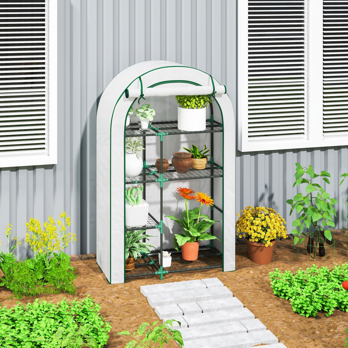 Greenhouse Round Roof, Door, Shelves, Steel, White