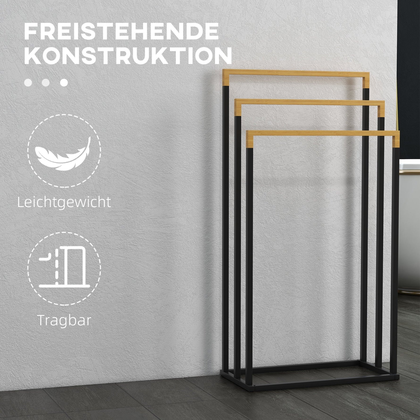 kleankin Towel Rack, 3 Bars, Steel & Bamboo, Black