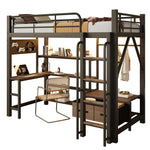 Loft Bed 90x200 with Desk, Shelves & LED Light, Black Iron Frame