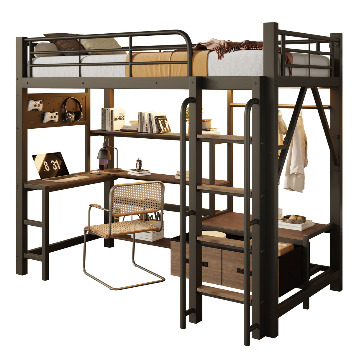 Loft Bed 90x200 with Desk, Shelves & LED Light, Black Iron Frame