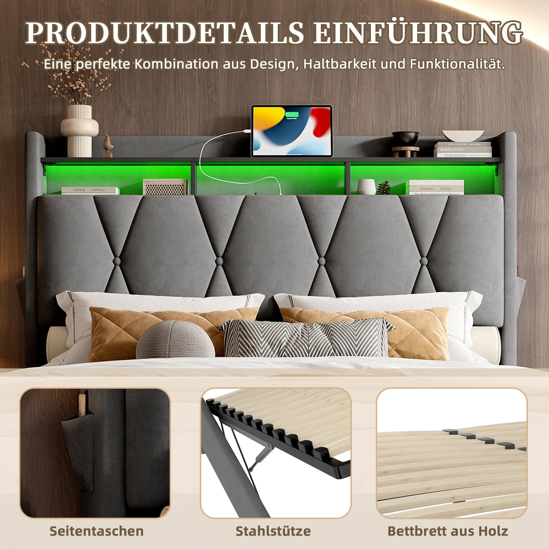 Upholstered Bed Frame 160x200cm LED/USB-C Hydraulic Storage Headboard, Grey
