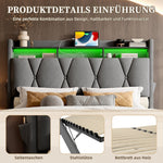 Upholstered Bed Frame 140x200cm, LED, USB-C Charging, Hydraulic Storage Headboard, Grey
