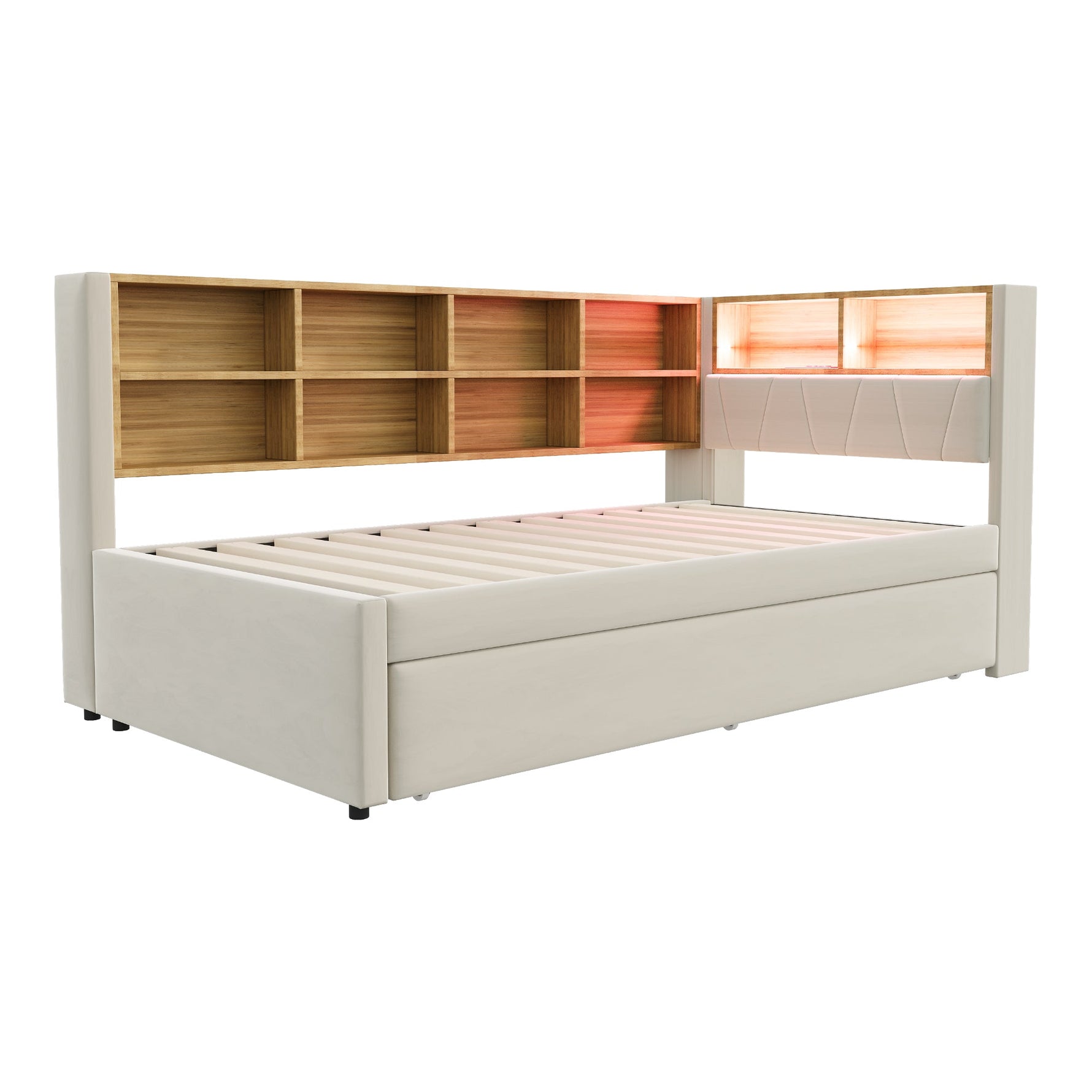 Sofa Bed with Pull-Out Bed, USB Socket, Storage, Beige