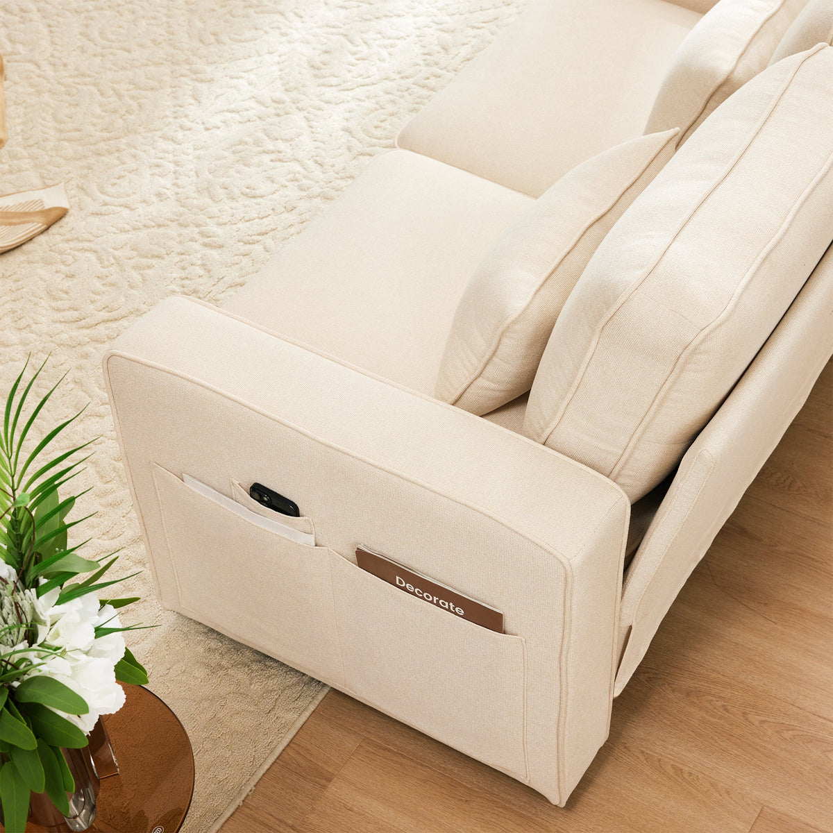 Sofa, 4-Seater with Console, Cup Holders, USB Ports, Linen Fabric