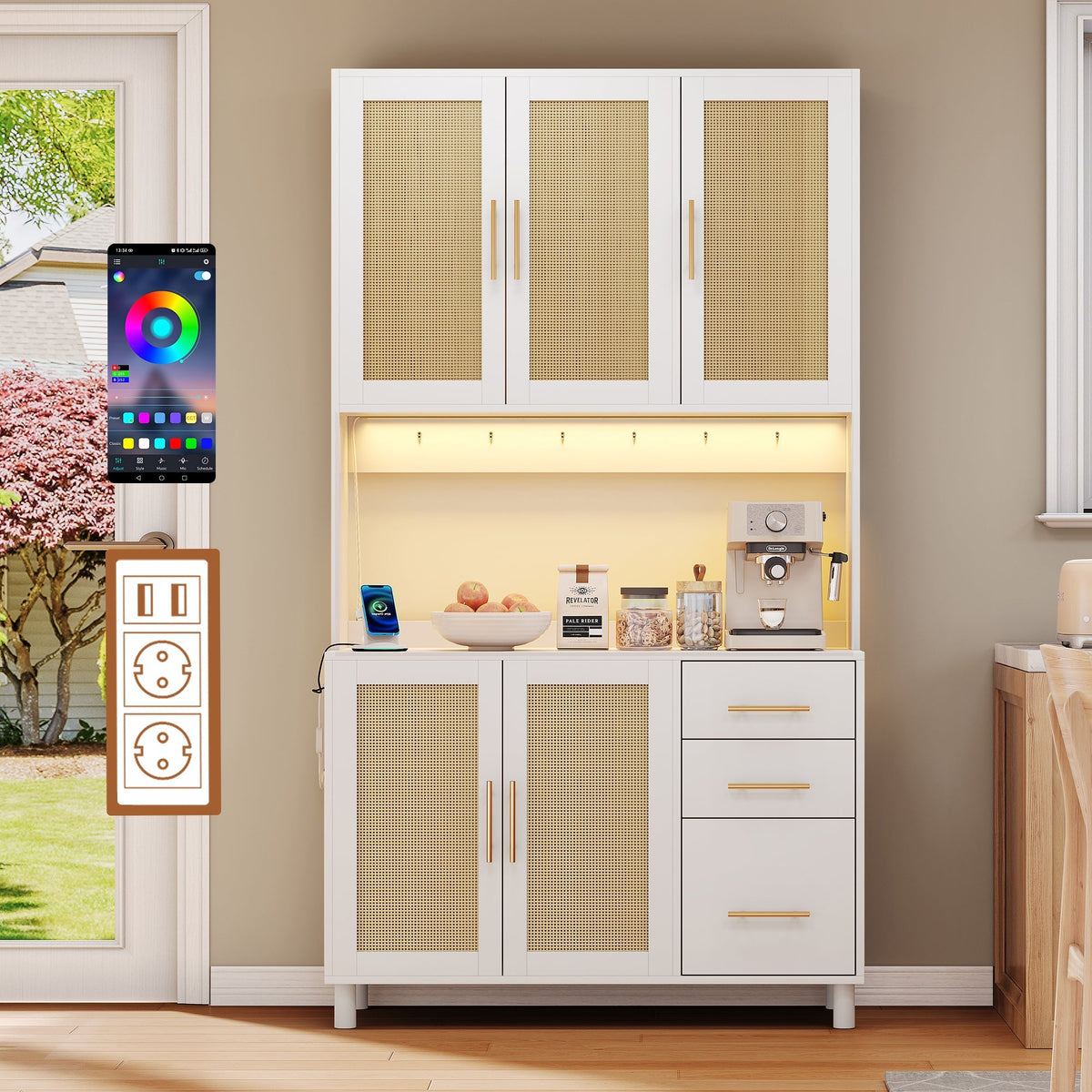 Kitchen Sideboard Buffet 183cm Tall LED USB Sockets 3 Drawers Gold Handles