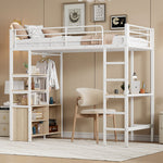 Loft Bed 90x200cm with Desk, USB/Power Outlet, Shelves & Storage - White Iron Frame