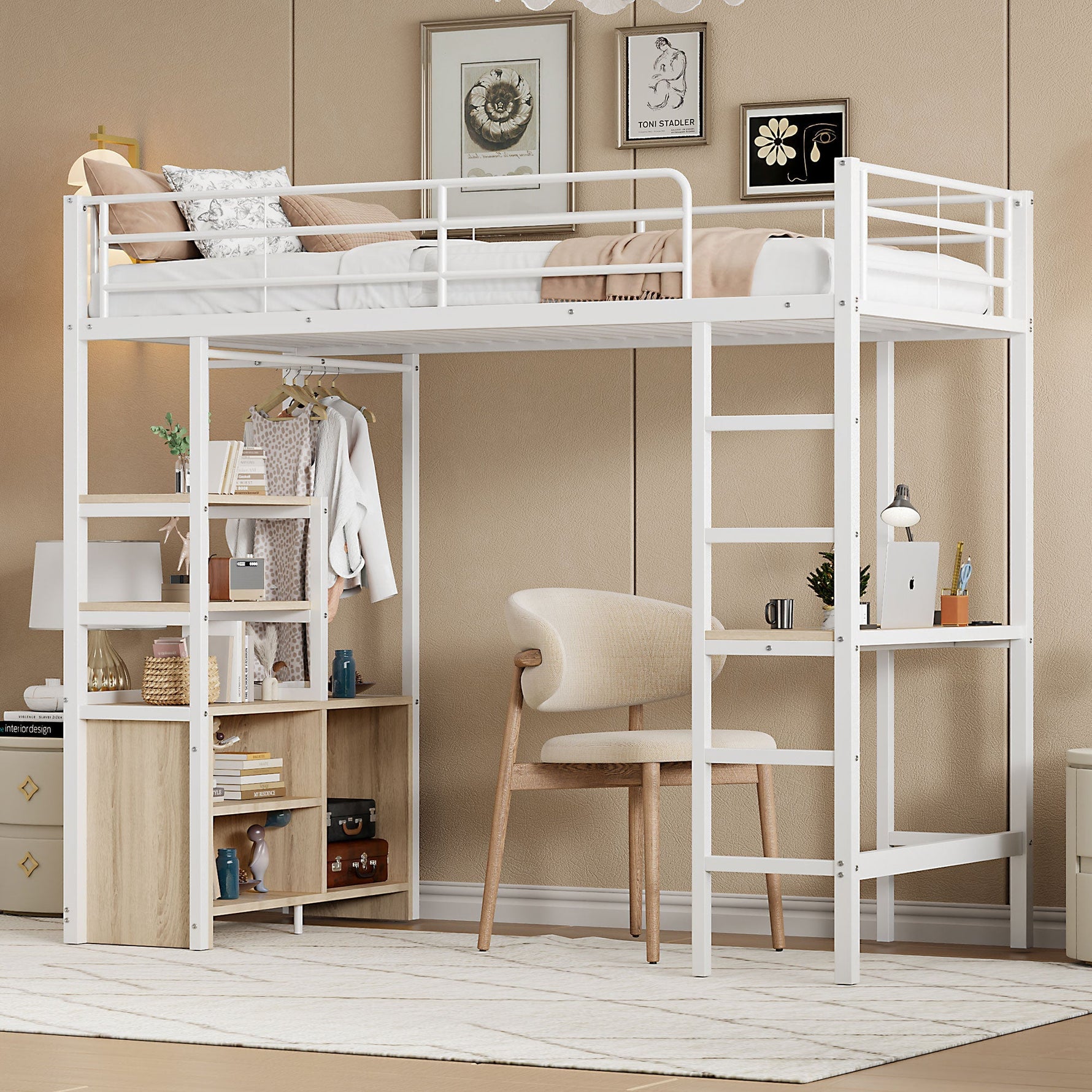 Loft Bed 90x200cm with Desk, USB/Power Outlet, Shelves & Storage - White Iron Frame