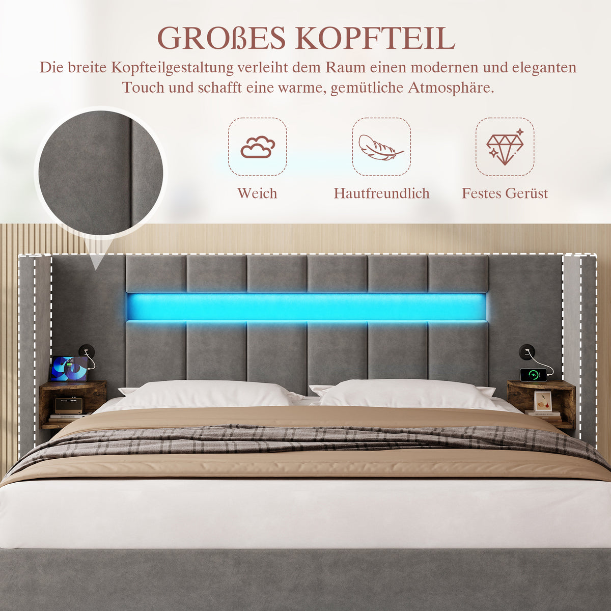 Multifunctional Bed Frame 180x200cm with Storage & LED, Velvet
