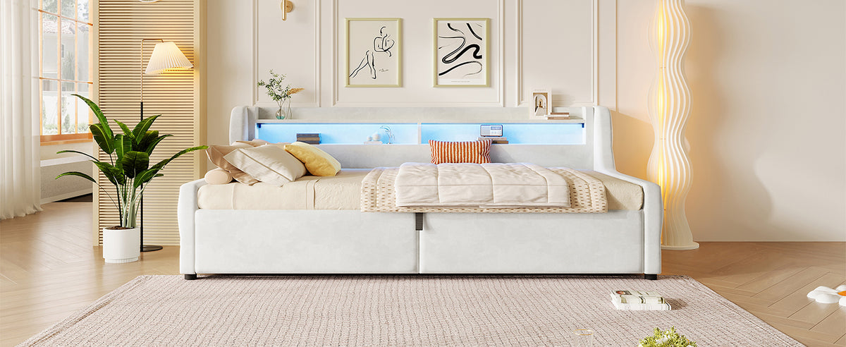 90x200 Platform Bed with Hydraulic Storage & LED, Beige Velvet