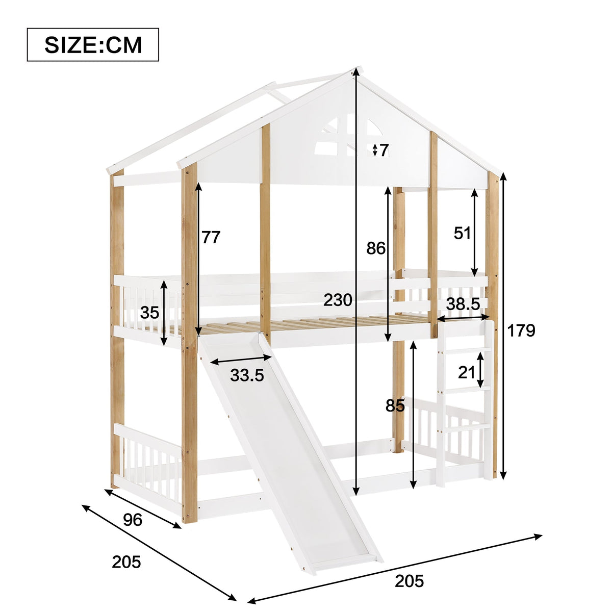 Bunk Bed with Windows, Slide, Safety Railings, 90x200cm, Solid Wood, White/Natural
