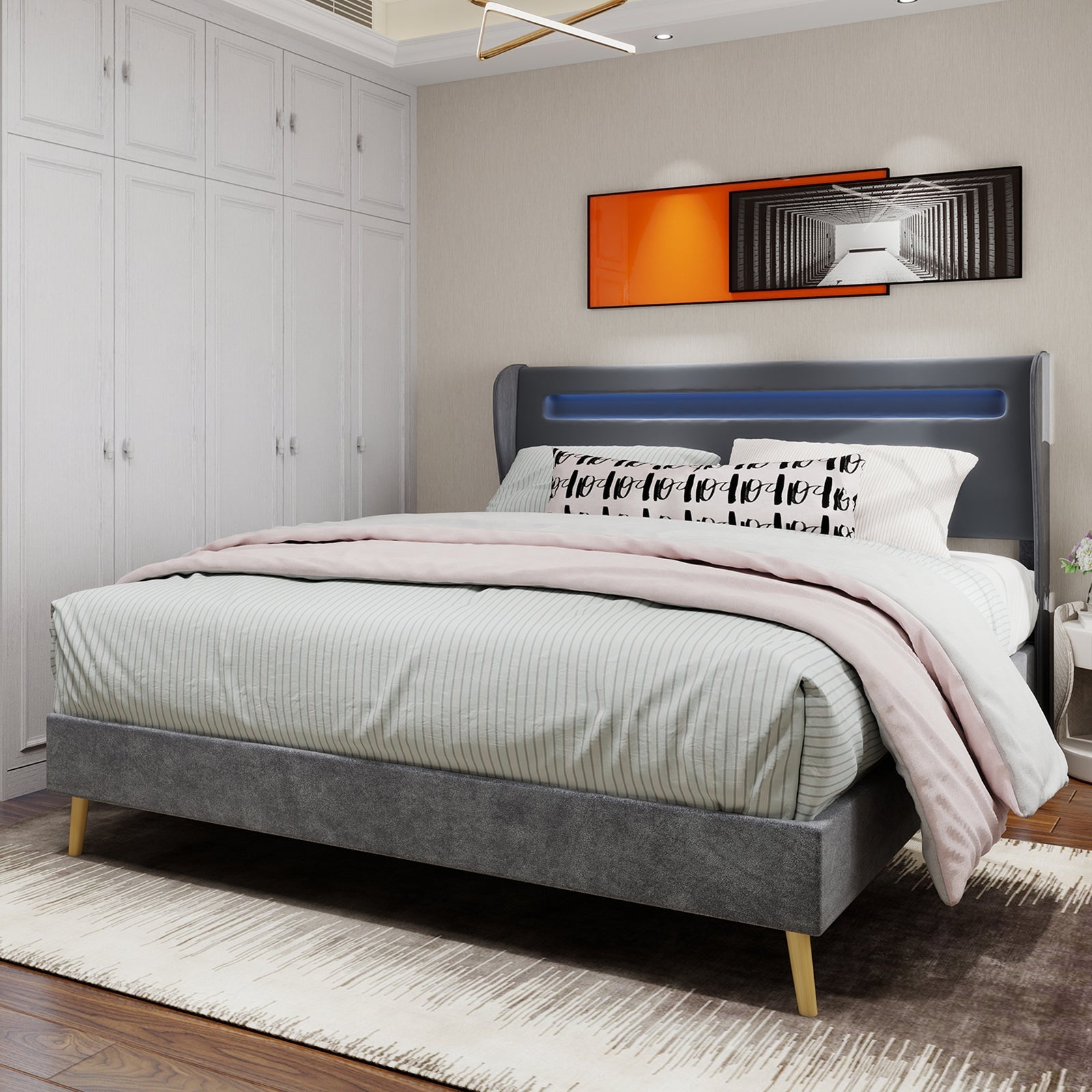 Modern Minimalist Upholstered Bed, Soft LED-Integrated Headboard, Low-Profile Non-Storage, 140x200 cm Grey