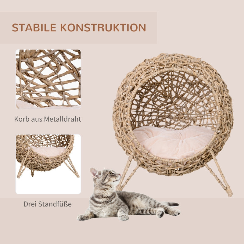 Rattan Cat House, Cushion Cat Cave, Raised Feet, Natural