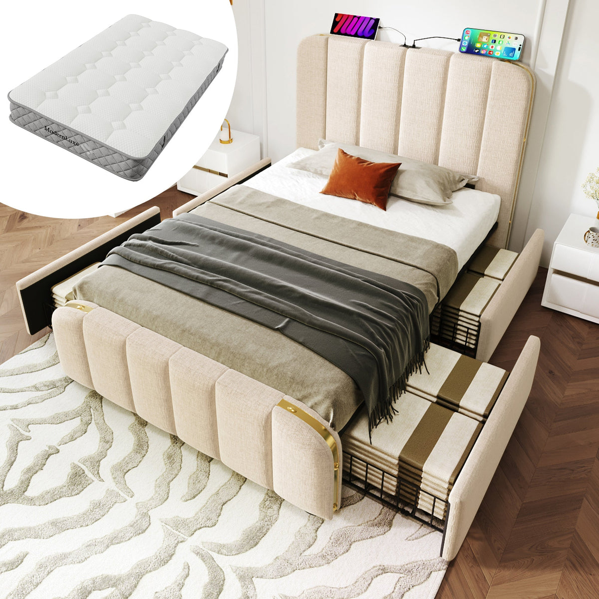 Upholstered Single Bed, Headboard with USB-C Charging, 4 Drawers, Beige Linen