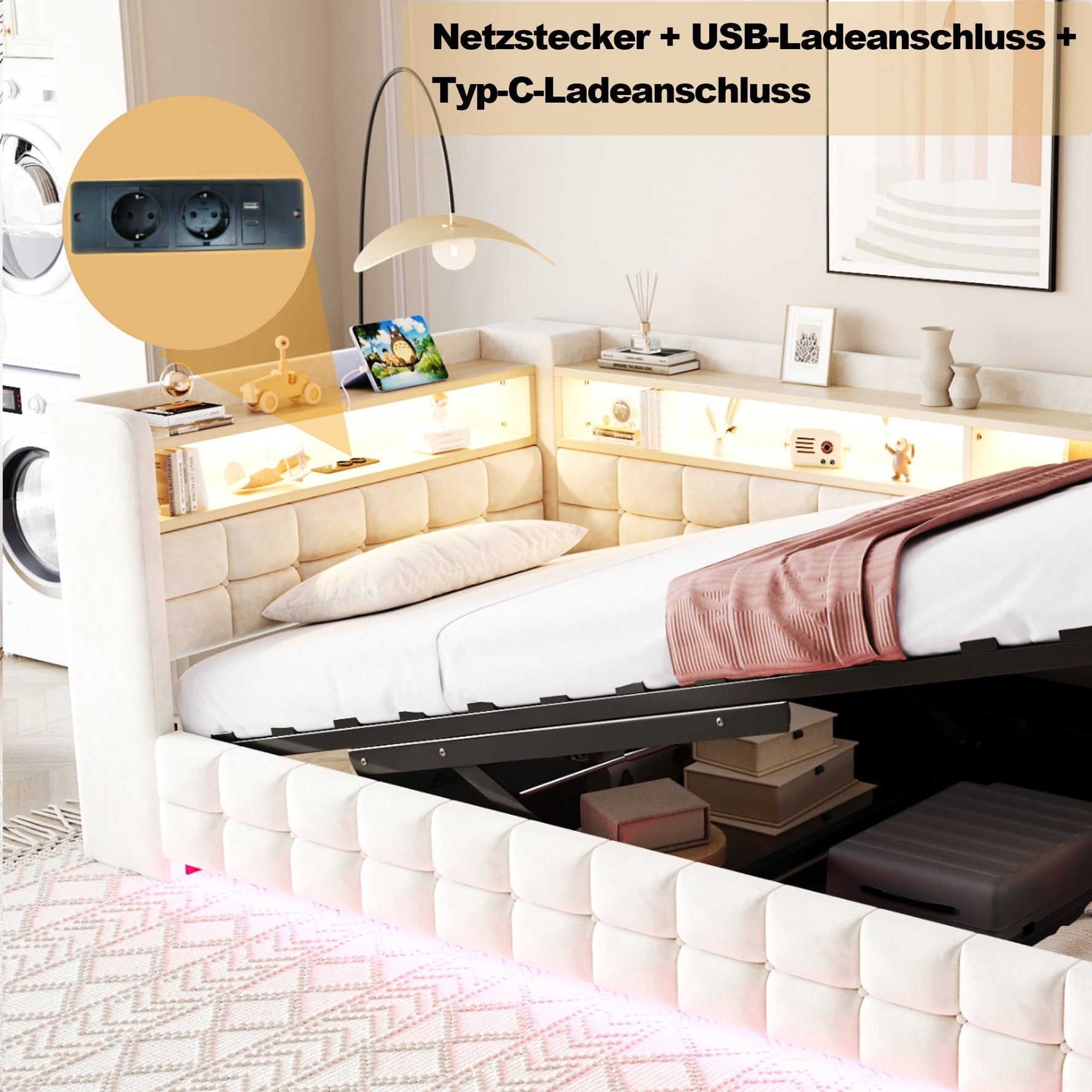Upholstered Sofa Bed 90x200cm Hydraulic Storage LED USB Ports Beige Velvet
