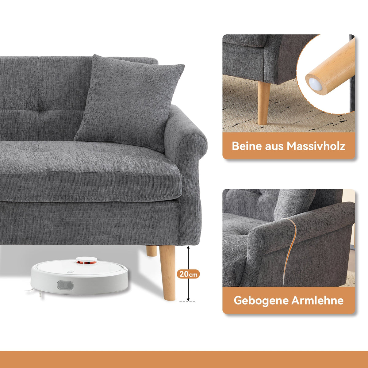 Sofa, Double Upholstered with Thick Cushions, Chenille Fabric