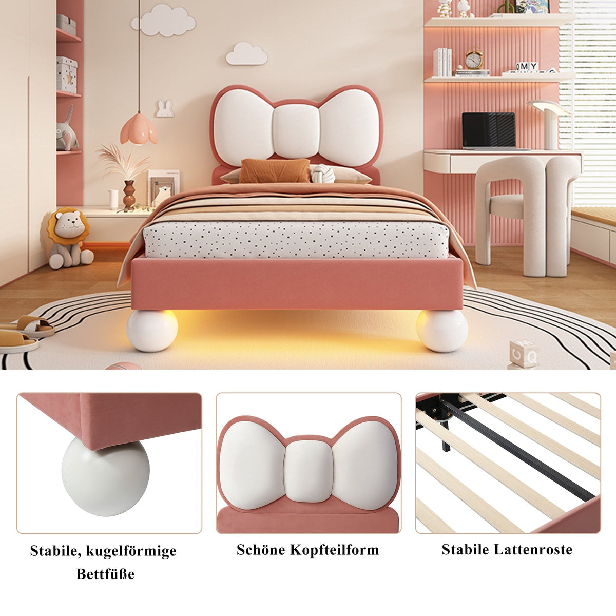 Upholstered Bed, Single Children's with Bow-Tie Headboard & LED Light, Velvet Beige + Pink