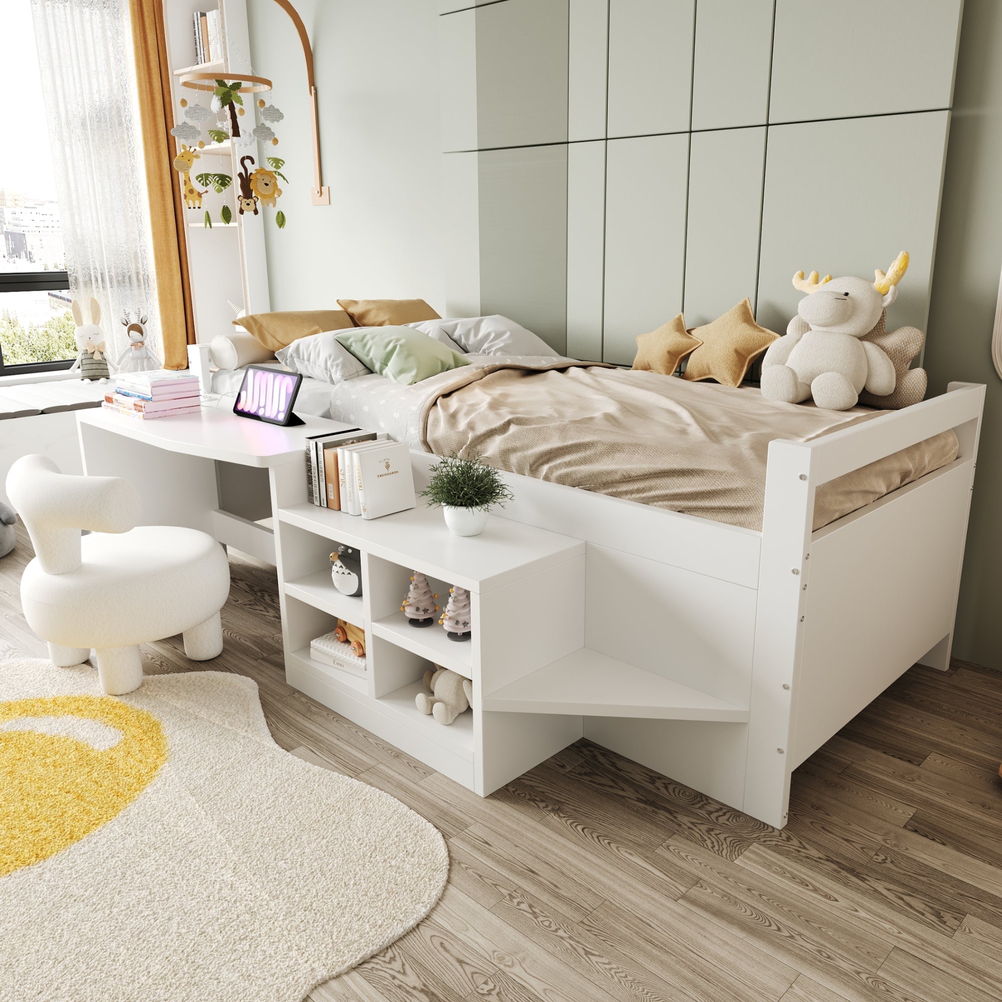 Children's Bed 90x200cm, Storage & Desk with Sockets, Wooden White