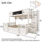 Bunk Bed for 3 Children with Chalkboard, Storage Stairs and Drawers, White Solid Wood