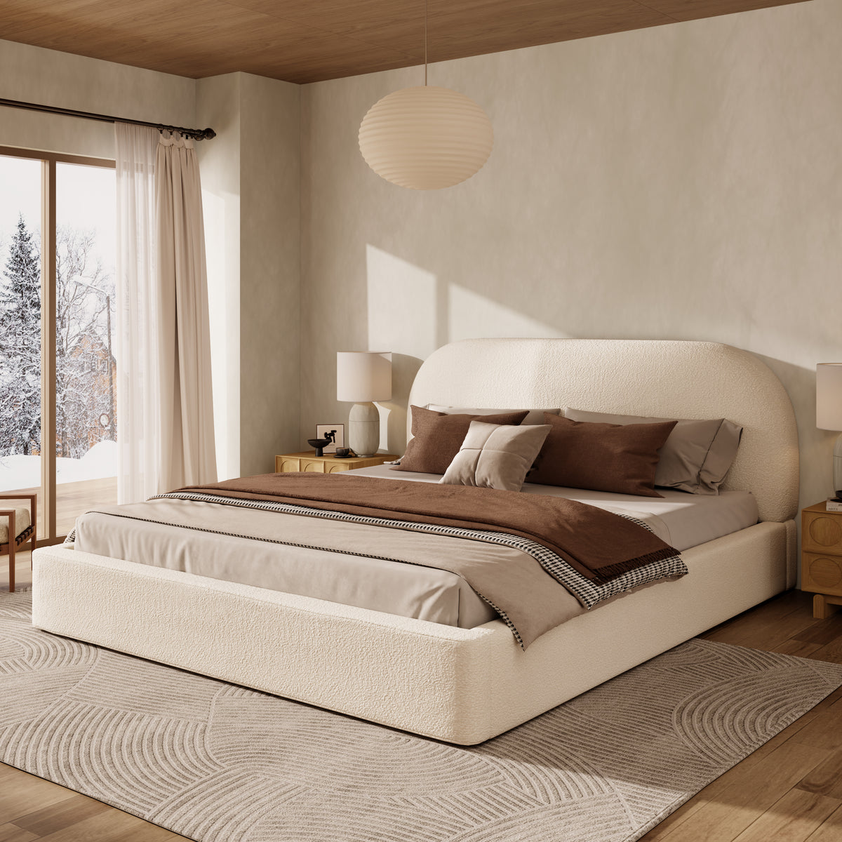 Upholstered Double Bed 180x200cm Slatted Base, Beige Bouclé