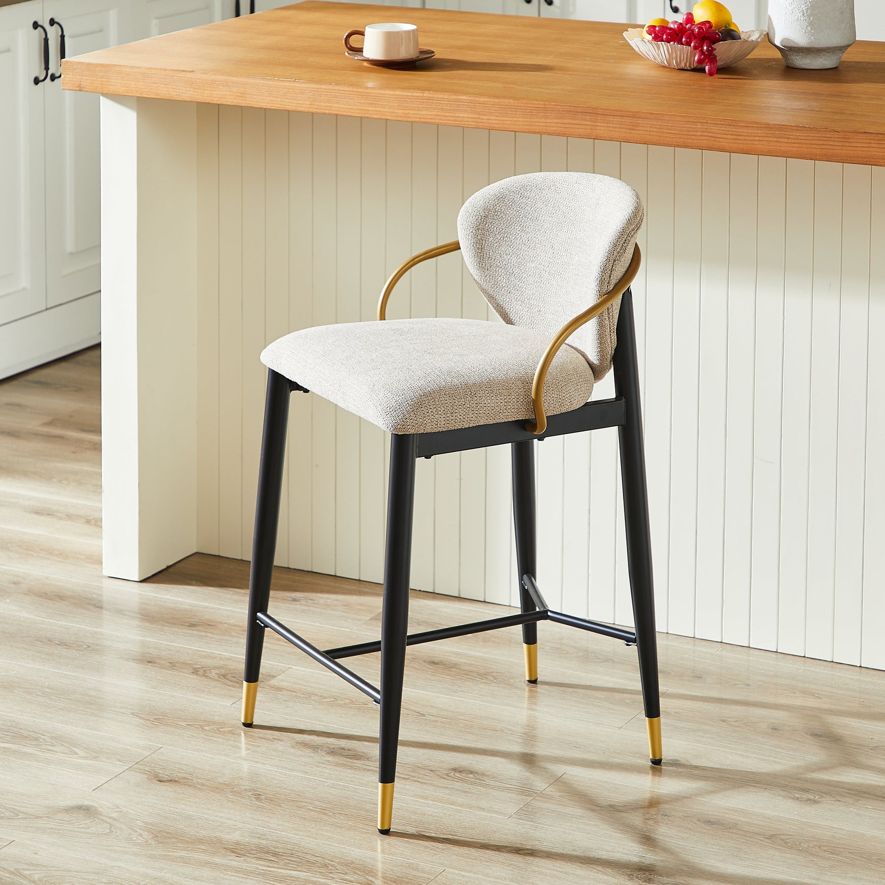 Set of 2 Bar Stools Adjustable Height Backrest Footrest - Chenille Light Brown/Black Gold