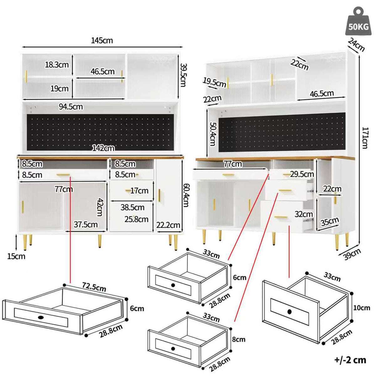 Tall Cabinet with LED Lighting and Pegboard Shelves, White