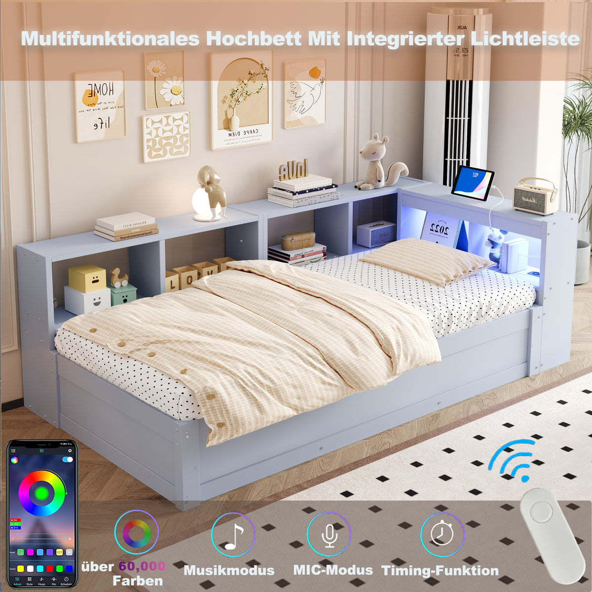 Sofa Bed 90x200cm with Storage, Socket & LED, Grey Wood