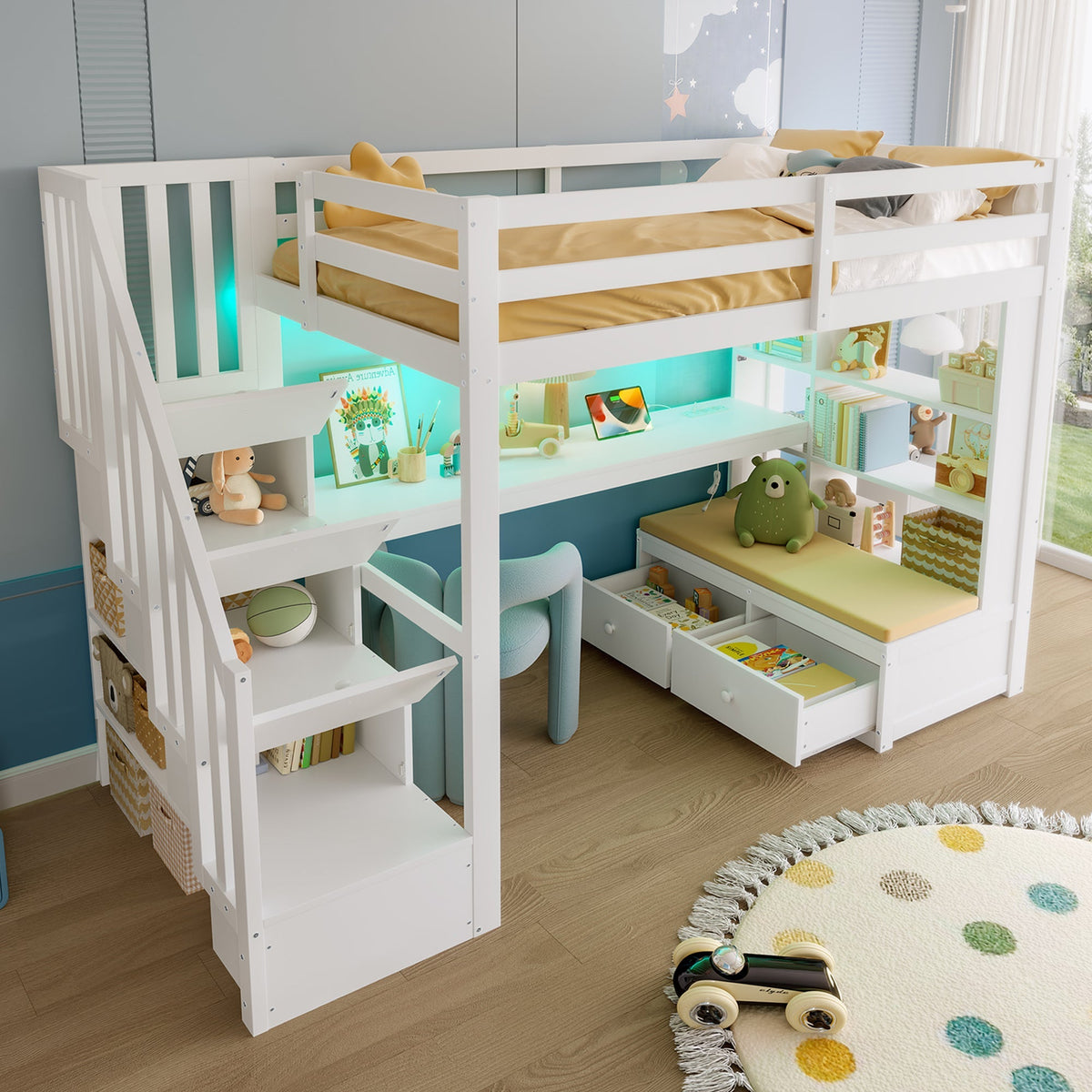 Loft Bed 90x200cm Desk Shelves Drawers Storage Stairs White