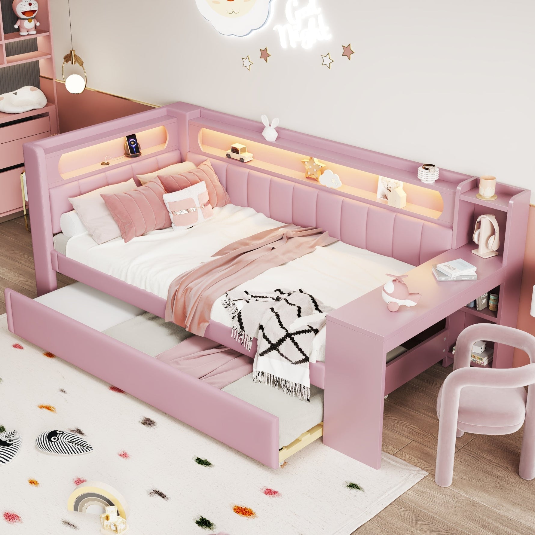 Upholstered Daybed with USB, LED, Pull-out Bed and Desk, 90x200cm, Pink