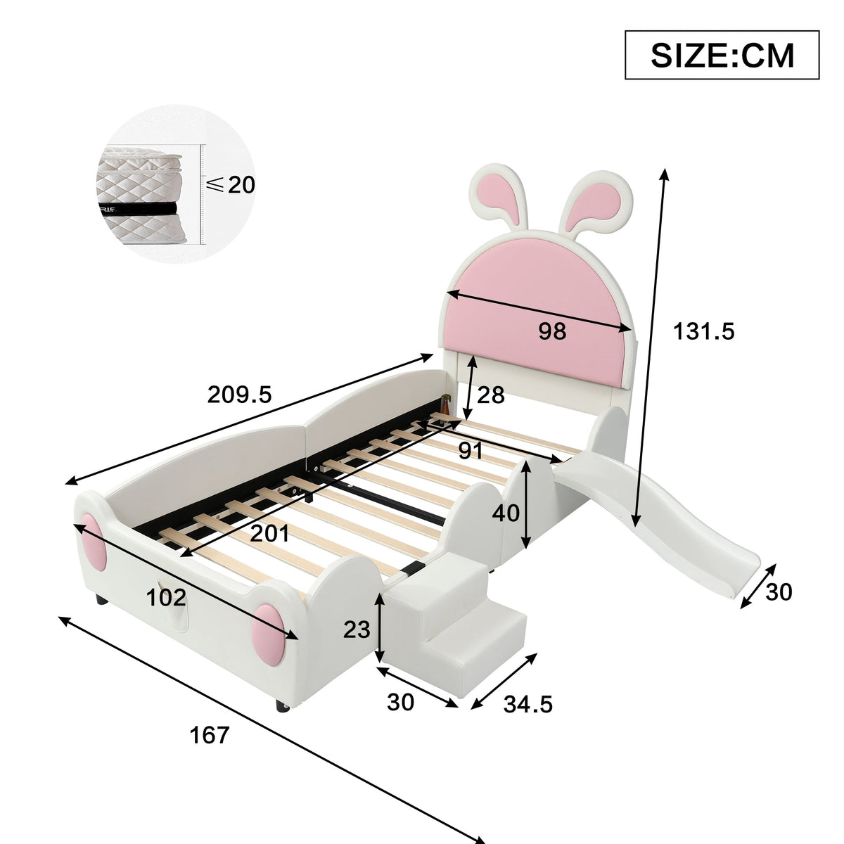 Upholstered Single Bed with Slide, Bunny Ears Headboard, 90x200cm, PU White/Pink