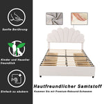 Upholstered Bed, 140x200cm Flower Headboard, Storage, Velvet Beige