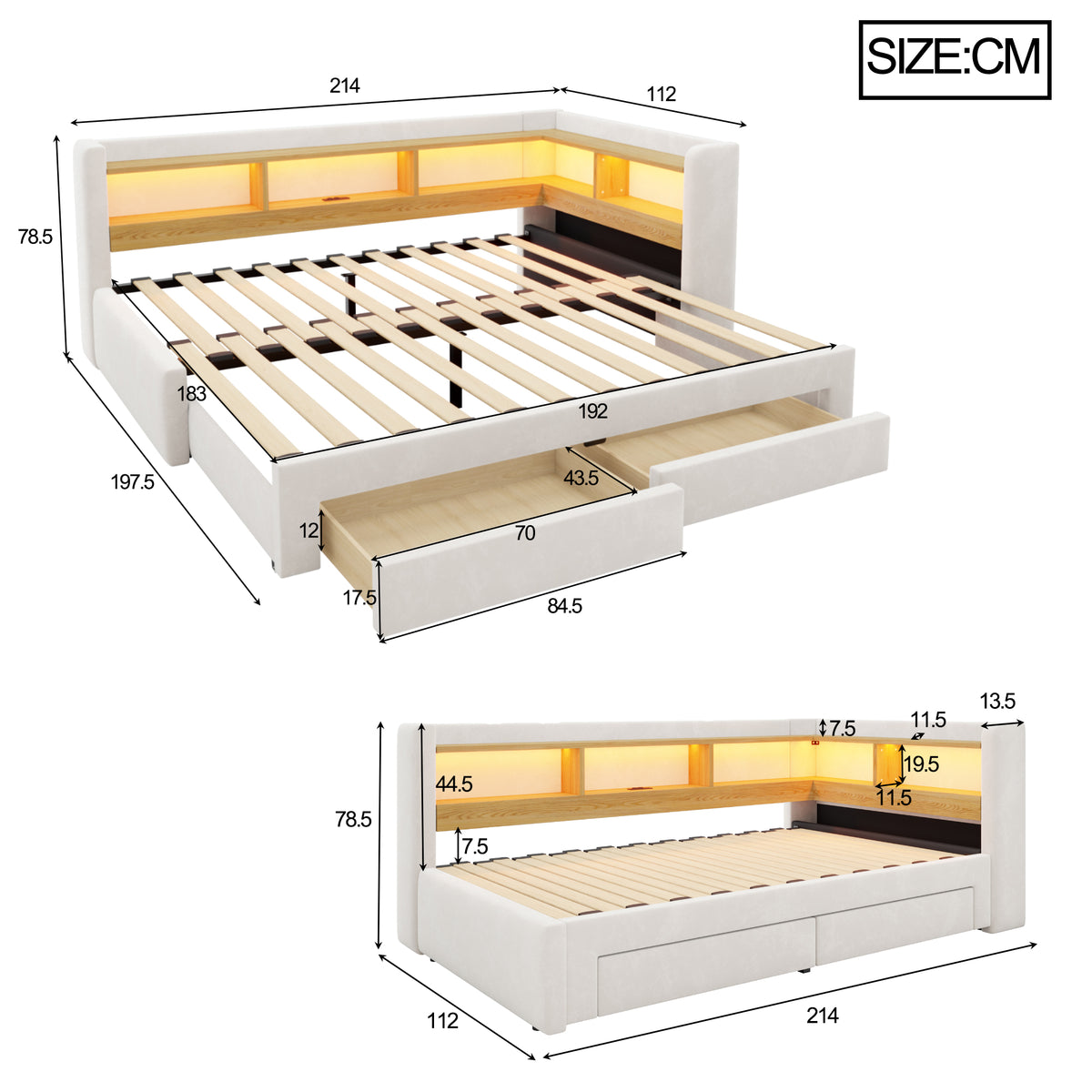 3-in-1 Sofa Bed 90x200 Extendable Daybed with LED & Drawers