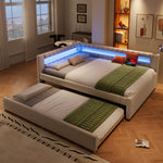 Daybed with Pull-Out Bed, LED Light Strip and USB Ports, Beige Linen