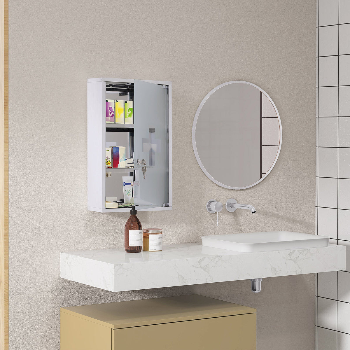 Medicine Cabinet First Aid, Lock, Stainless Steel