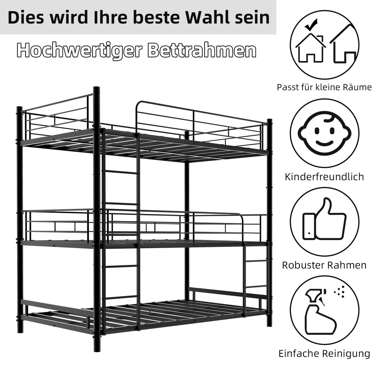 Three-Tier Bed Frame 90x190cm with Ladder & Guardrails