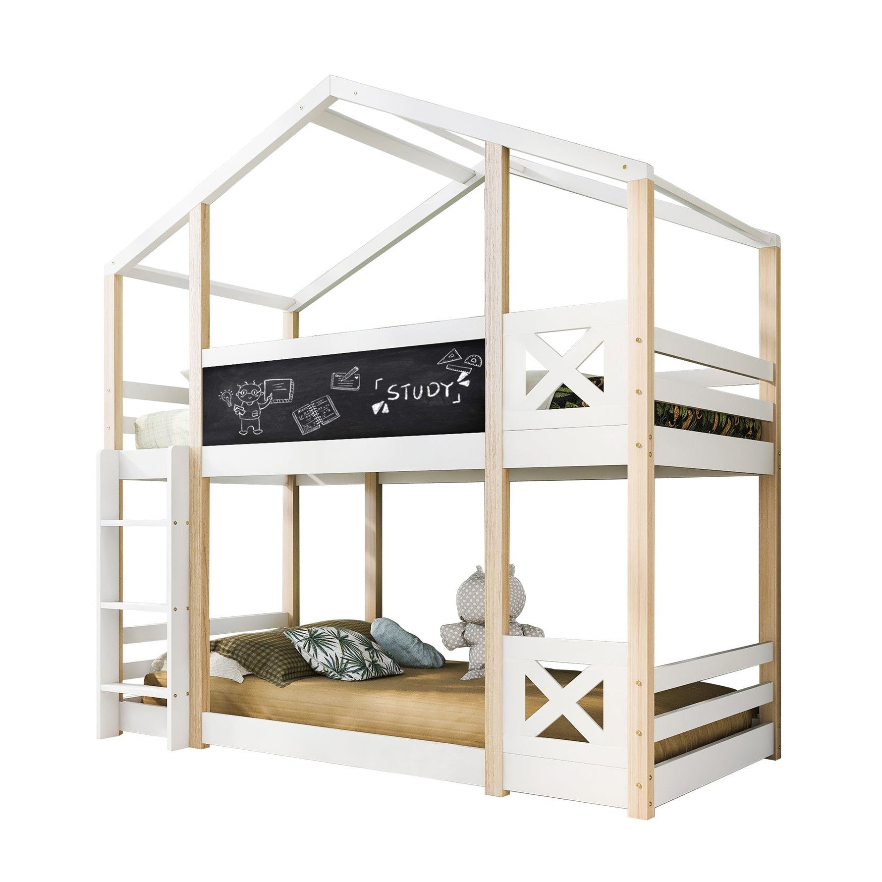 Children's Tree House Bed, Loft Bed with Ladder & Slatted Frames, 90x200 cm, Natural & White