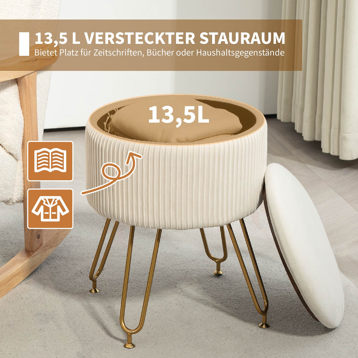 Storage Bench 2-in-1 Upholstered Lid Velvet Look Cream White