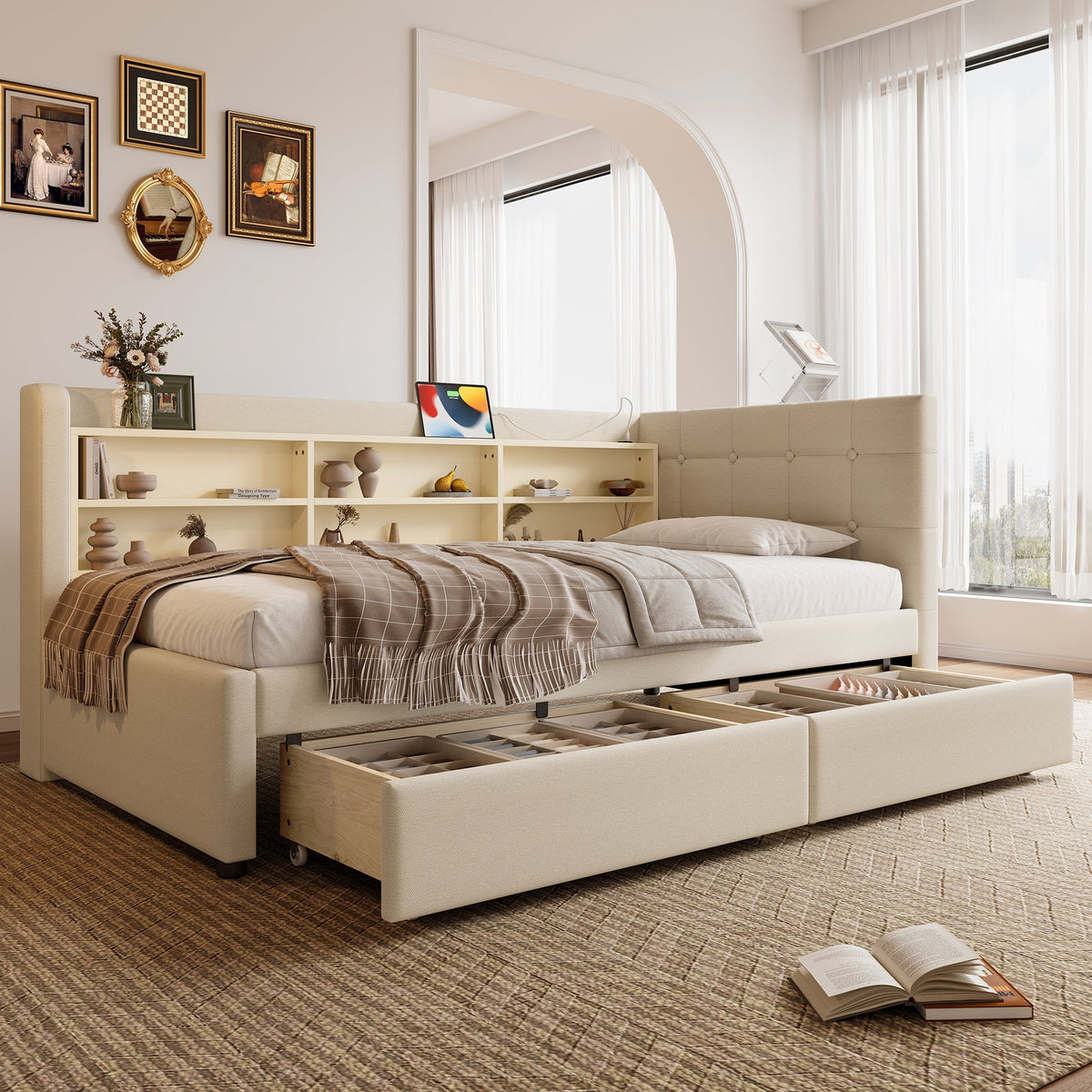 Daybed Sofa Bed 90x200cm 2 Drawers USB-Type C Storage - Linen Beige