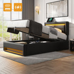 Upholstered Bed 90x200cm USB Charging LED Storage - Black PU Lychee